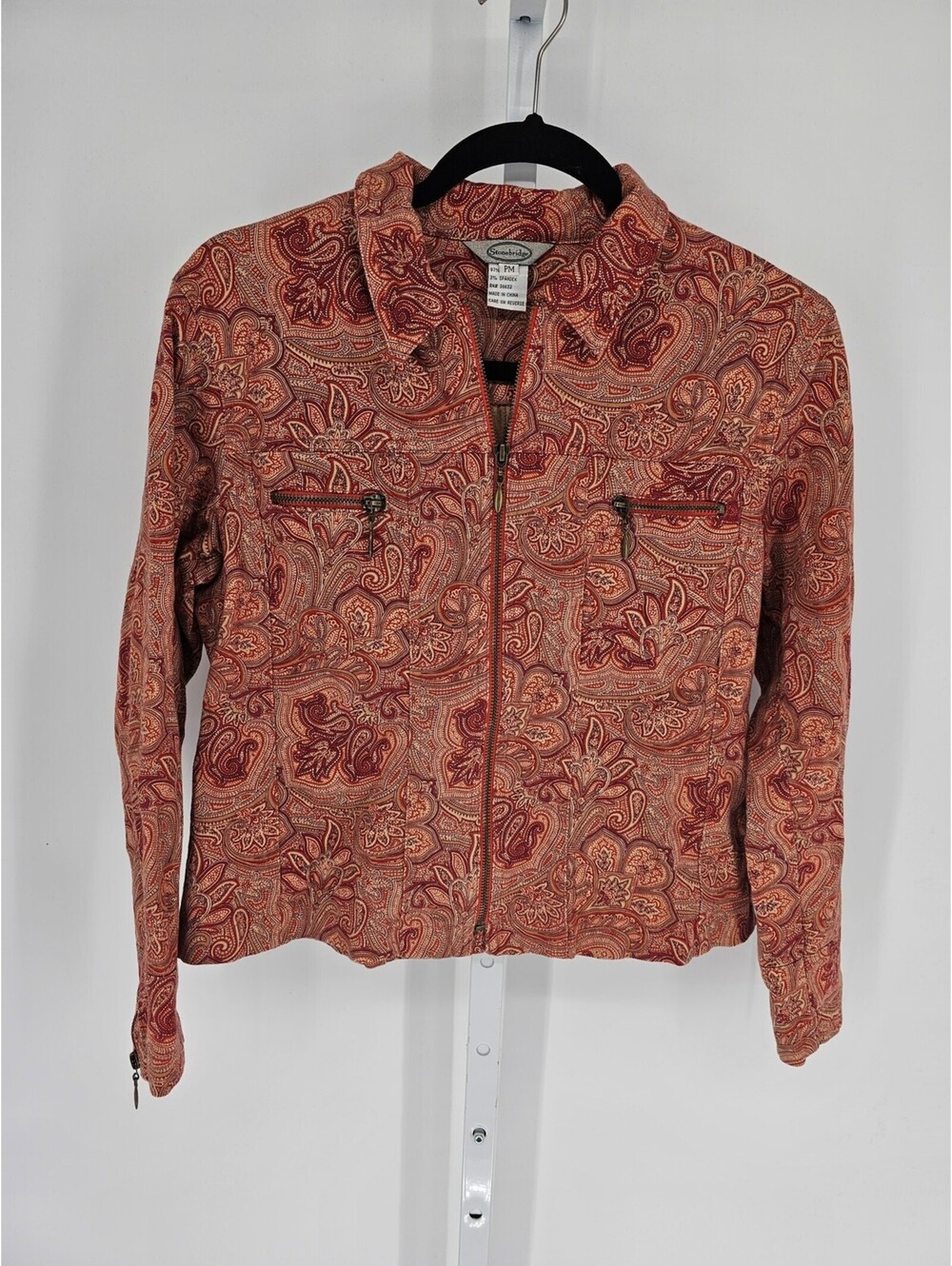 Stonebridge Women's Rust Orange Zipper-pockets Full Zip Paisley Jacket Size PM